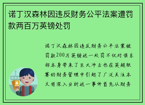 诺丁汉森林因违反财务公平法案遭罚款两百万英镑处罚